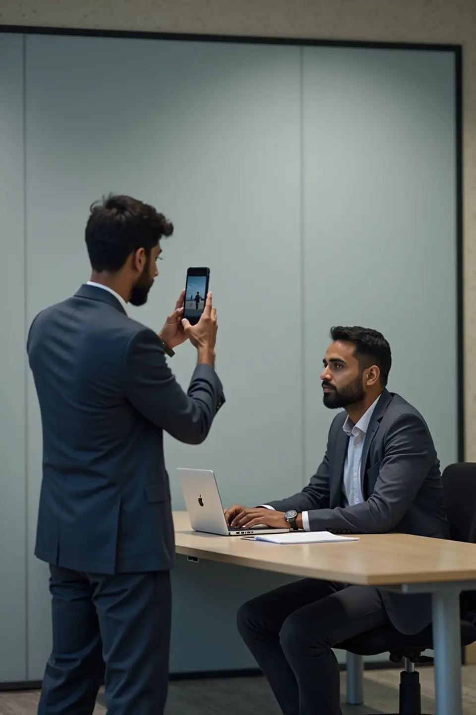 Side-view workstation capture, face-blurred on device