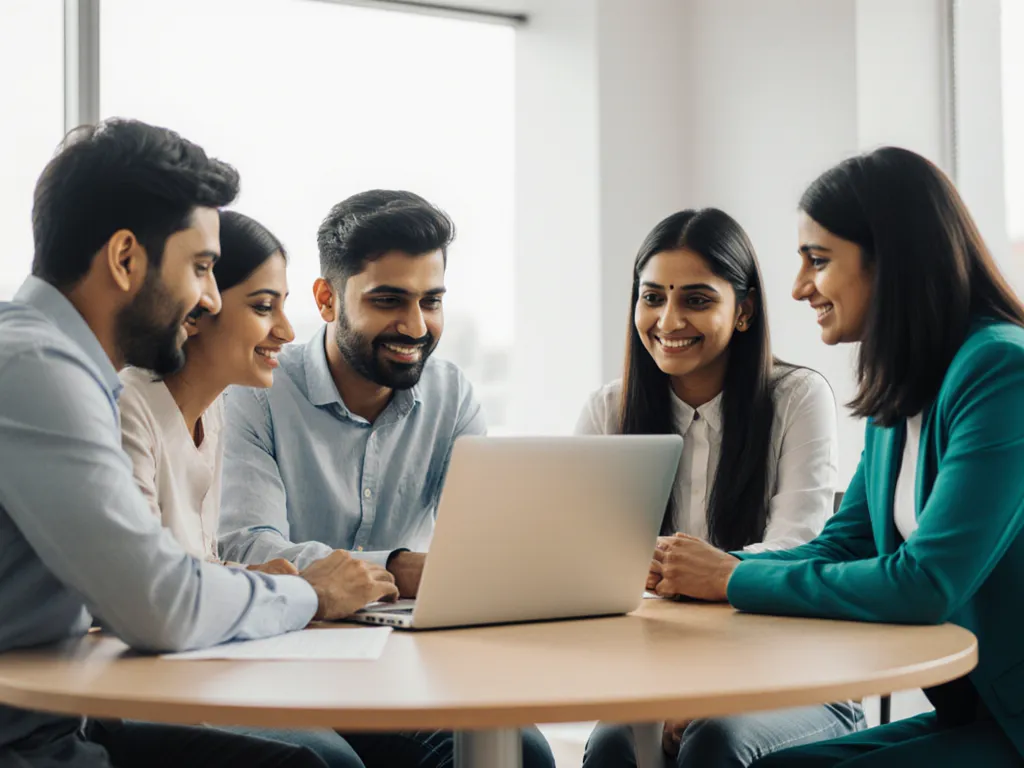 A workplace team collaborating around a laptop