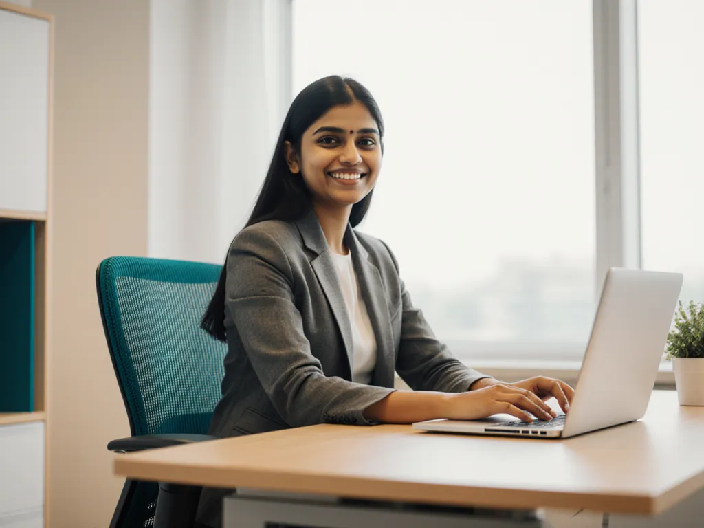A smiling employee at a tidy ergonomic desk