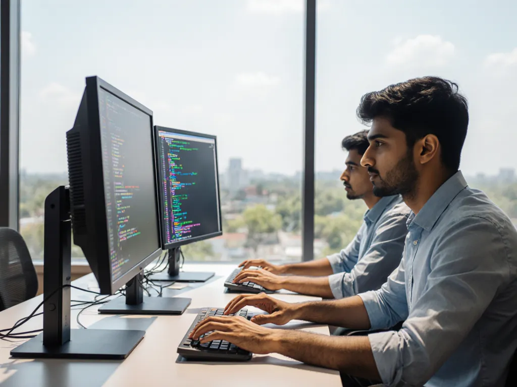 IT developers at multi-monitor workstations on a tech-park office floor