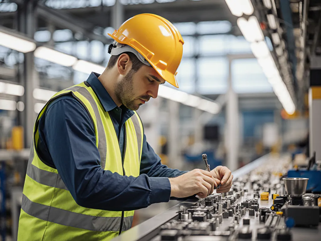 Manufacturing worker assembling components at a production-line workstation