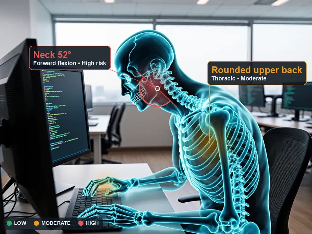 Musculoskeletal load on an IT developer hunched at code monitors — screen-intensive posture scored by Ergocure