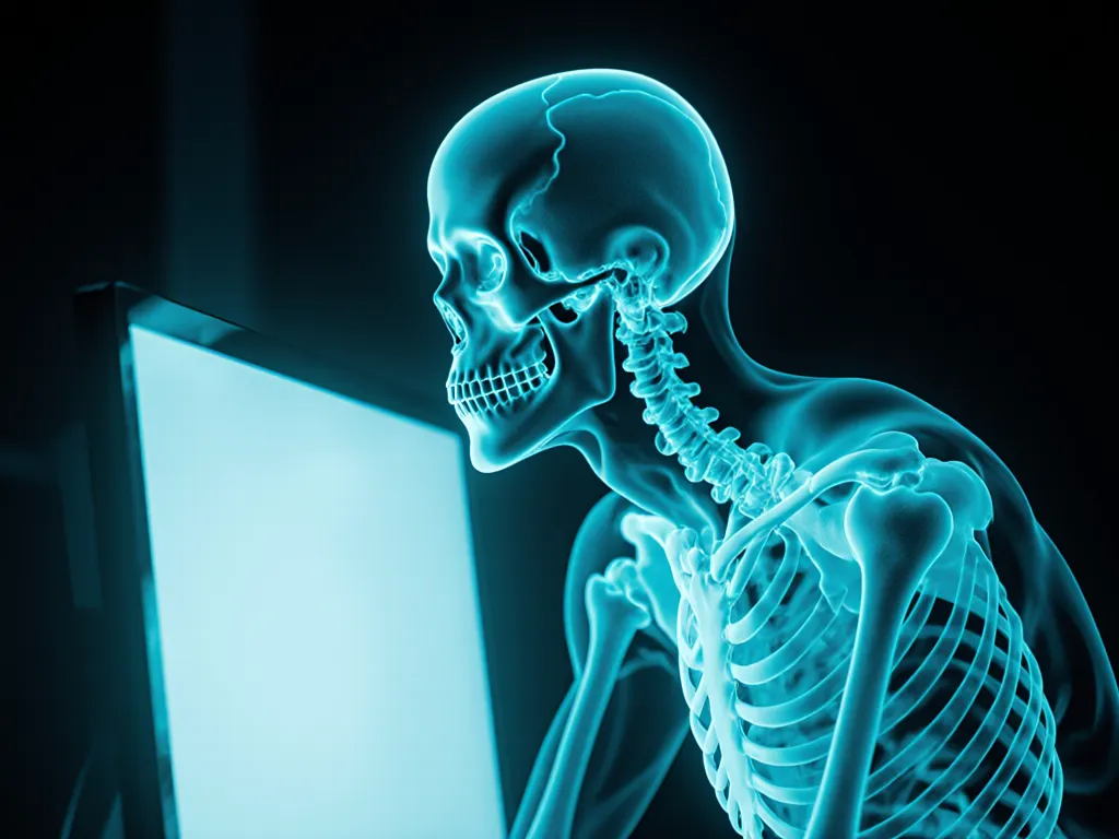 Teal anatomical x-ray of a worker leaning into a glowing monitor, the eyes and head highlighted for visual strain