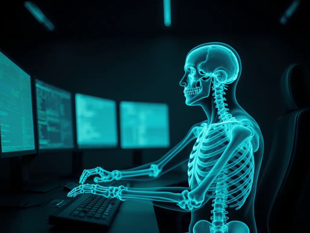 Teal anatomical x-ray of an operator at a multi-screen control desk, the head and brain highlighted for mental workload