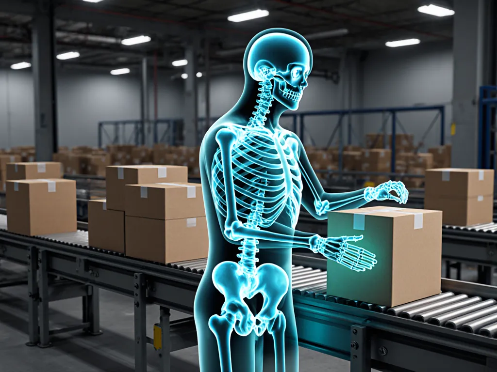 Teal anatomical x-ray of a worker in the method’s real scenario, with assessed regions marked