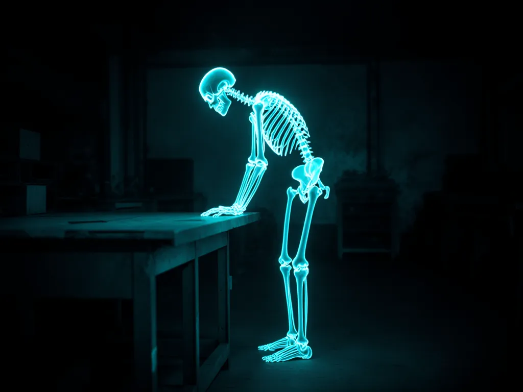 Teal anatomical x-ray of a line worker bending forward over a low bench, whole-body working posture highlighted