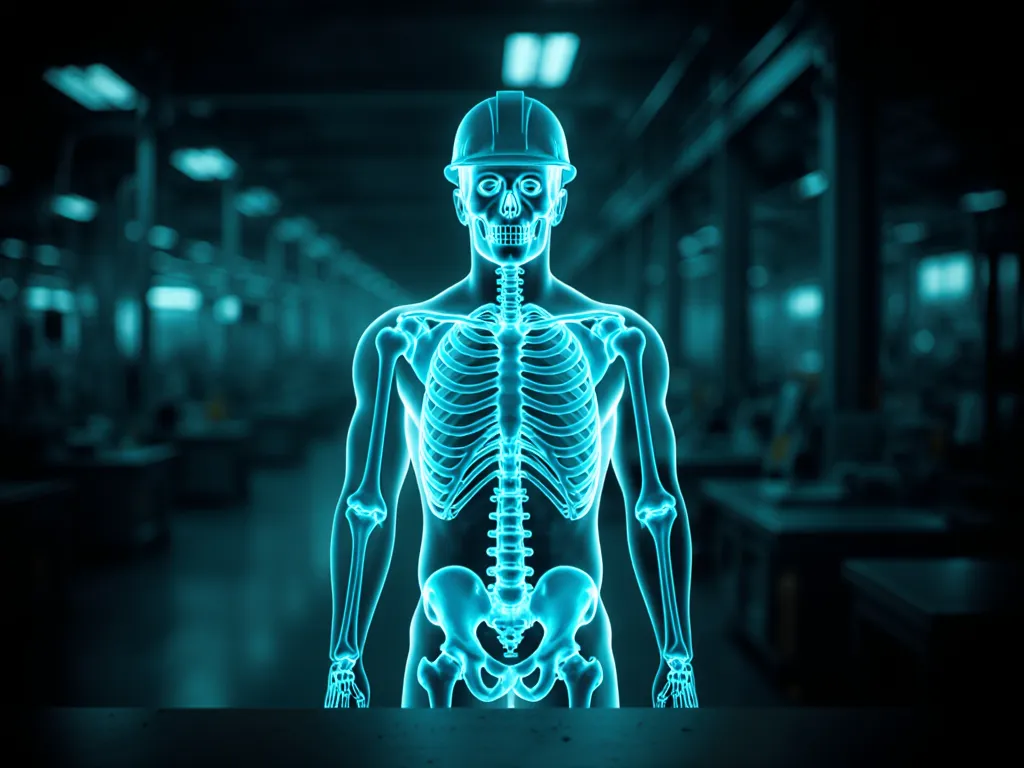 Teal anatomical x-ray of a worker at a workstation with shift and clock cues, whole-person organizational strain highlighted