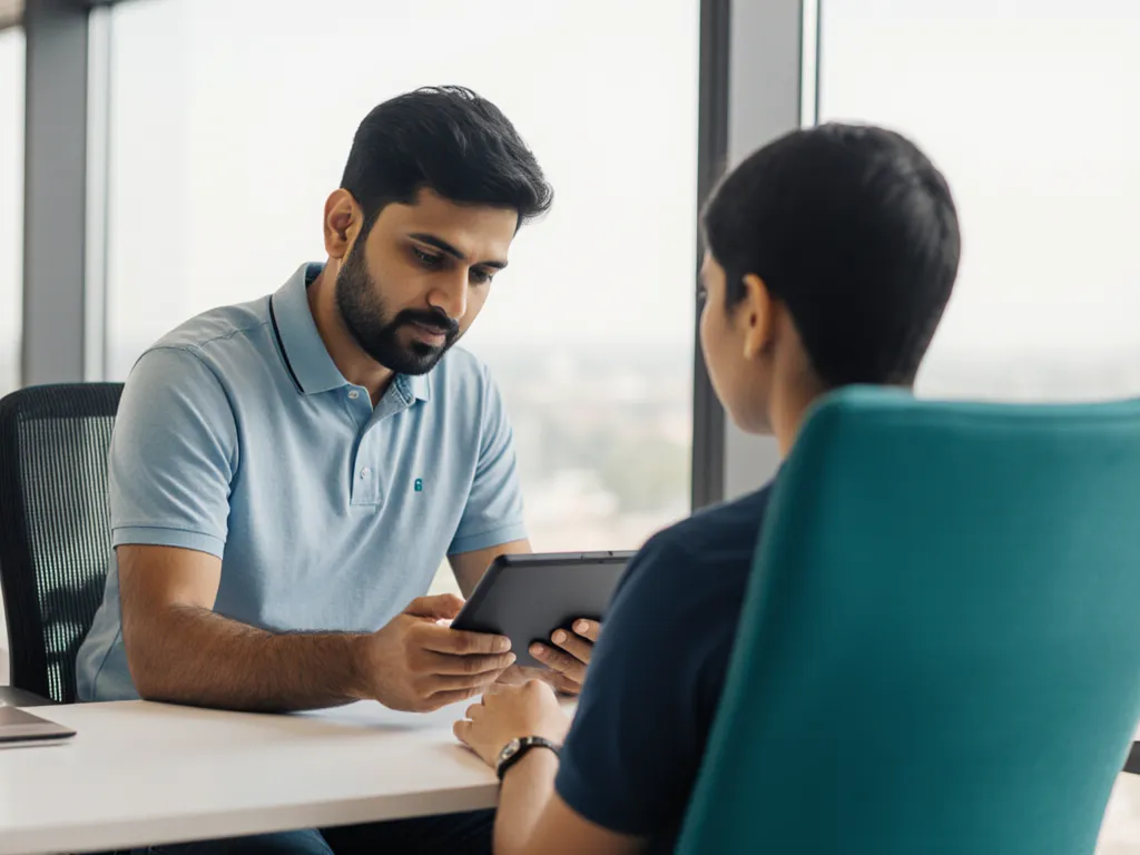 An independent ergonomist consulting a worker with a tablet