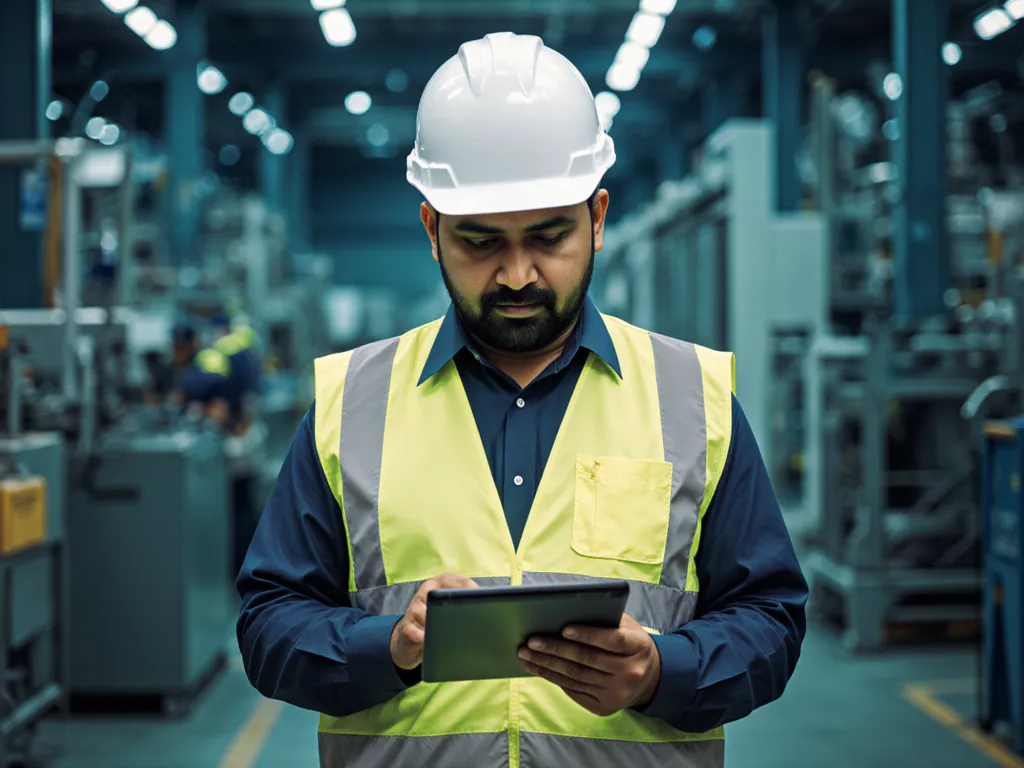 An EHS safety officer inspecting a production line with a tablet