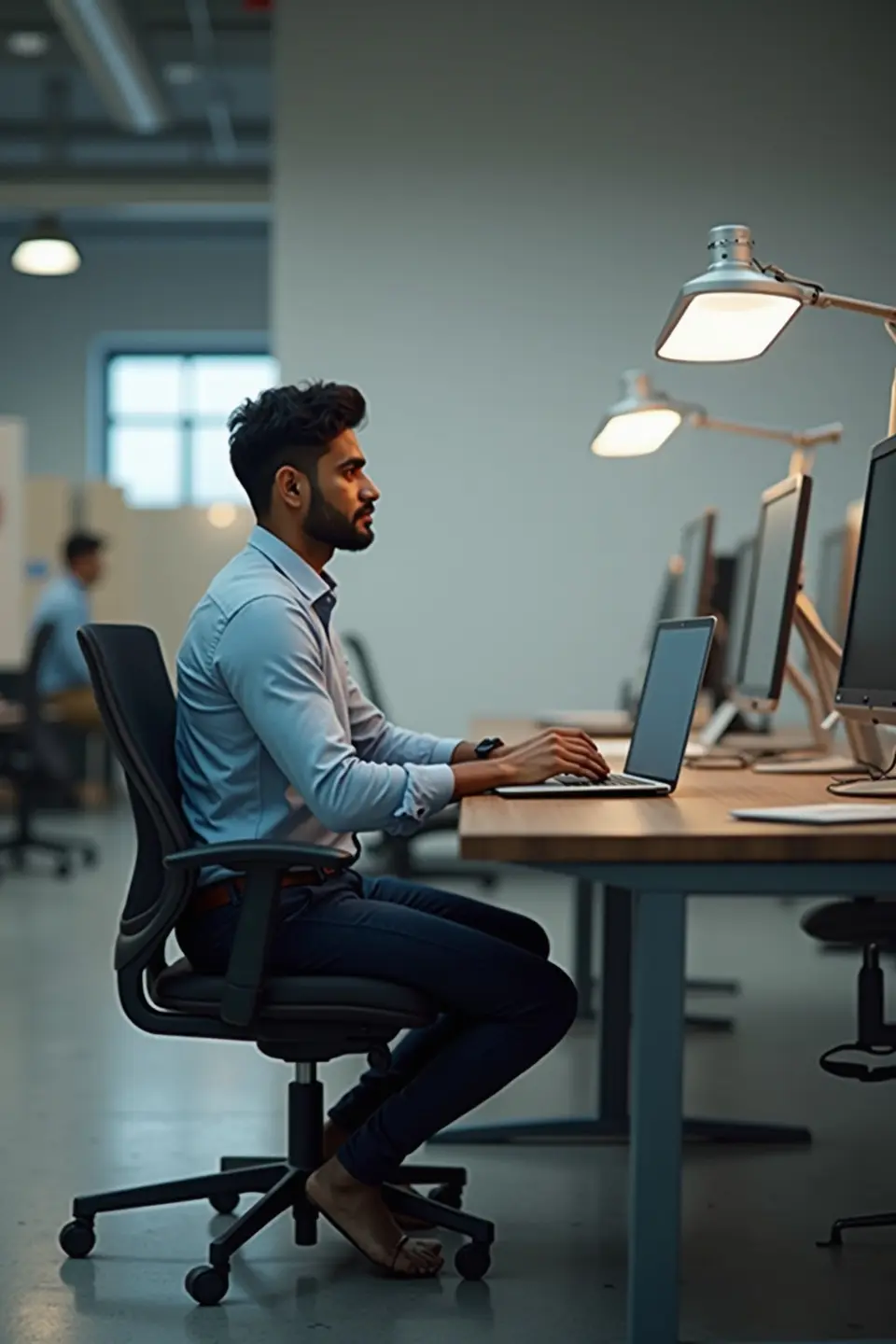 A seated office worker — the everyday posture the glossary terms describe