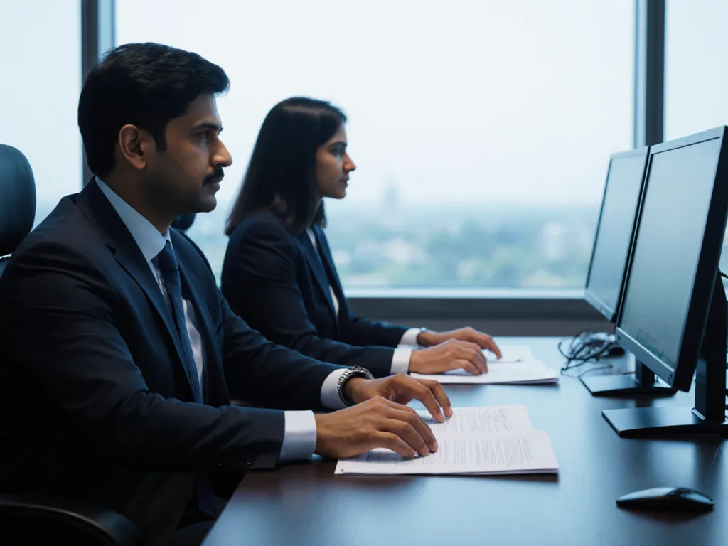 Banking and finance professionals at desks in a corporate finance office