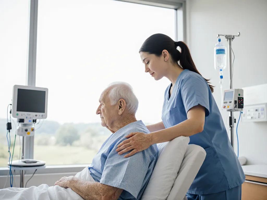 A nurse supporting an elderly patient up from a hospital bed
