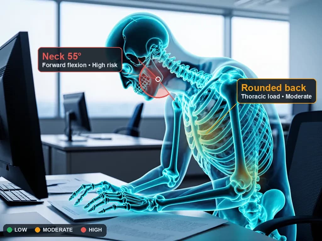 Musculoskeletal load on a desk-bound banking and finance worker hunched over documents, scored by Ergocure