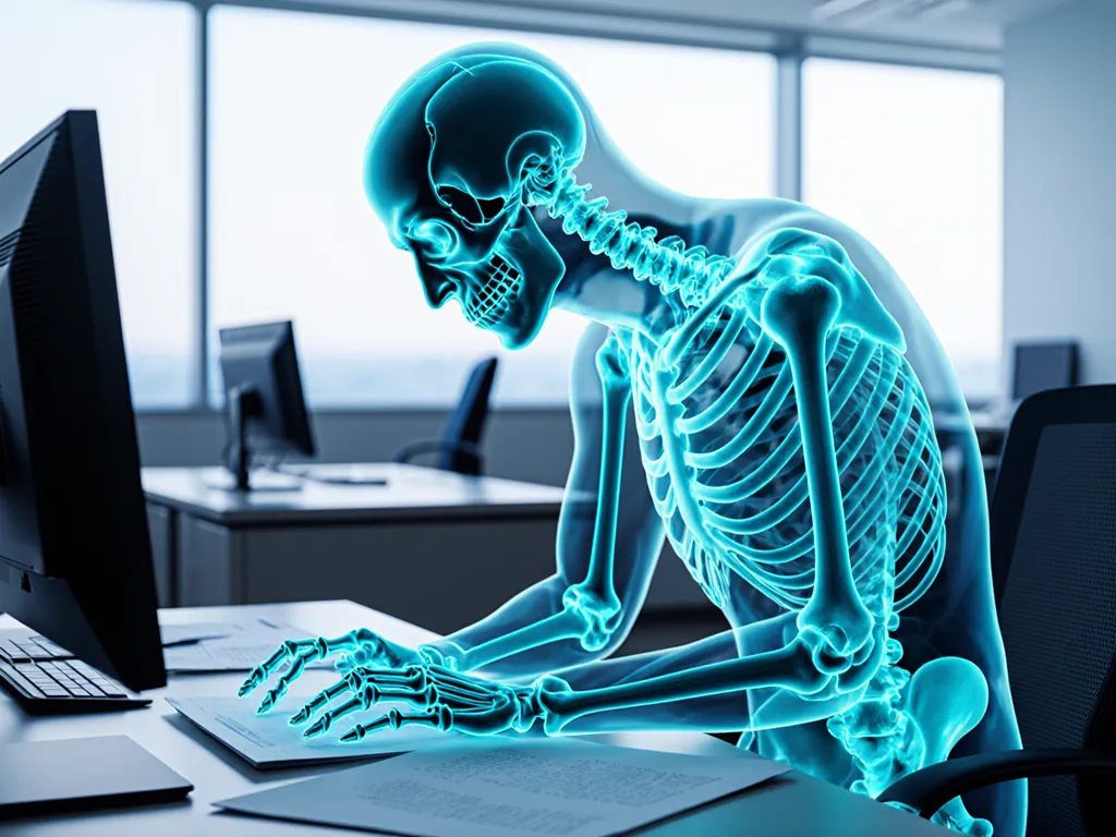 Musculoskeletal load on a desk-bound banking and finance worker hunched over documents, scored by Ergocure