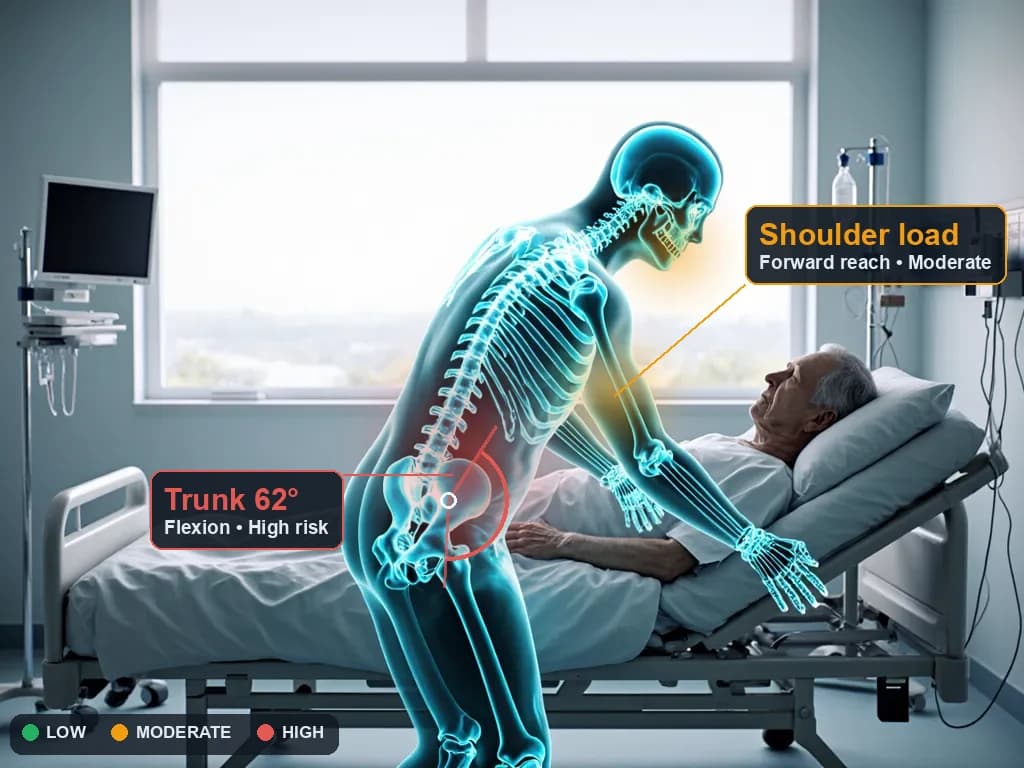 Musculoskeletal load on a healthcare worker lifting a patient from a bed — the highest-MSD-rate sector, scored by Ergocure