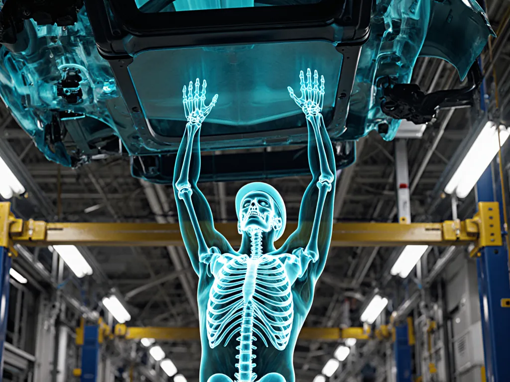 Teal anatomical x-ray of a worker in the method’s real scenario, with assessed regions marked