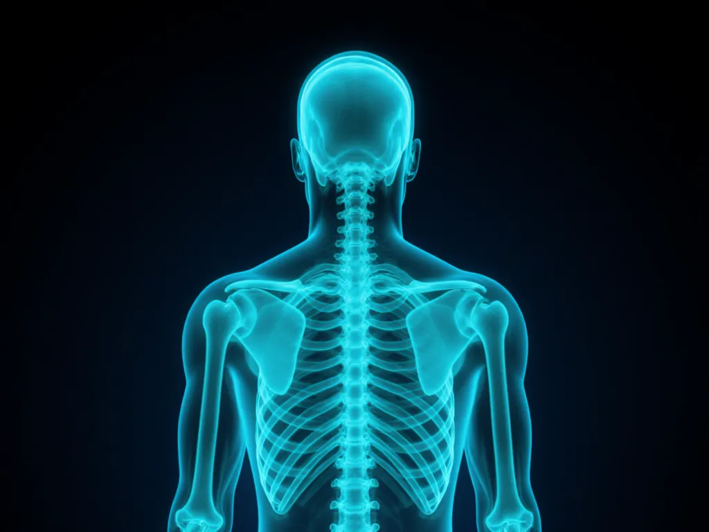Teal anatomical x-ray of a worker with the ISO ergonomic standards marked on the body regions they govern — neck, shoulder, spine and lower back.