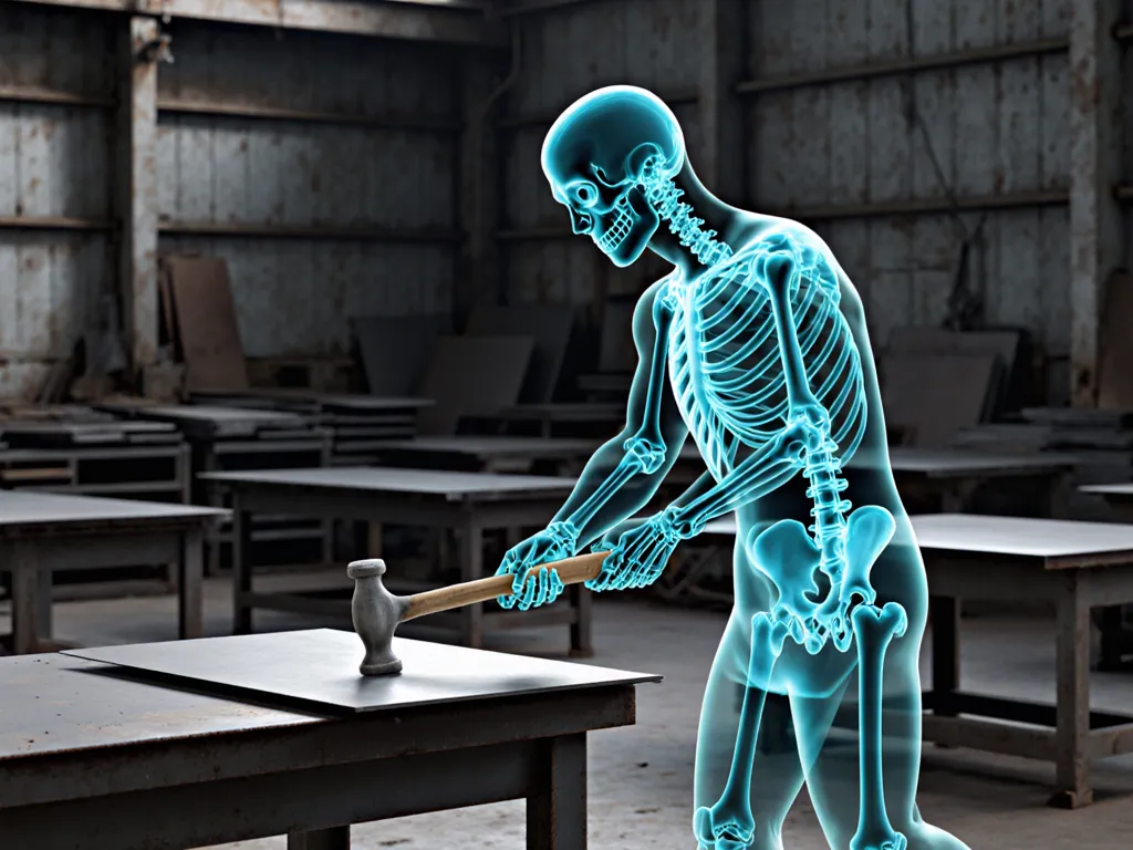 Teal anatomical x-ray of a worker in the method’s real scenario, with assessed regions marked