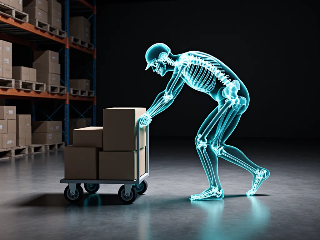 Teal anatomical x-ray of a worker pushing a loaded warehouse cart, with push force, trunk and legs marked