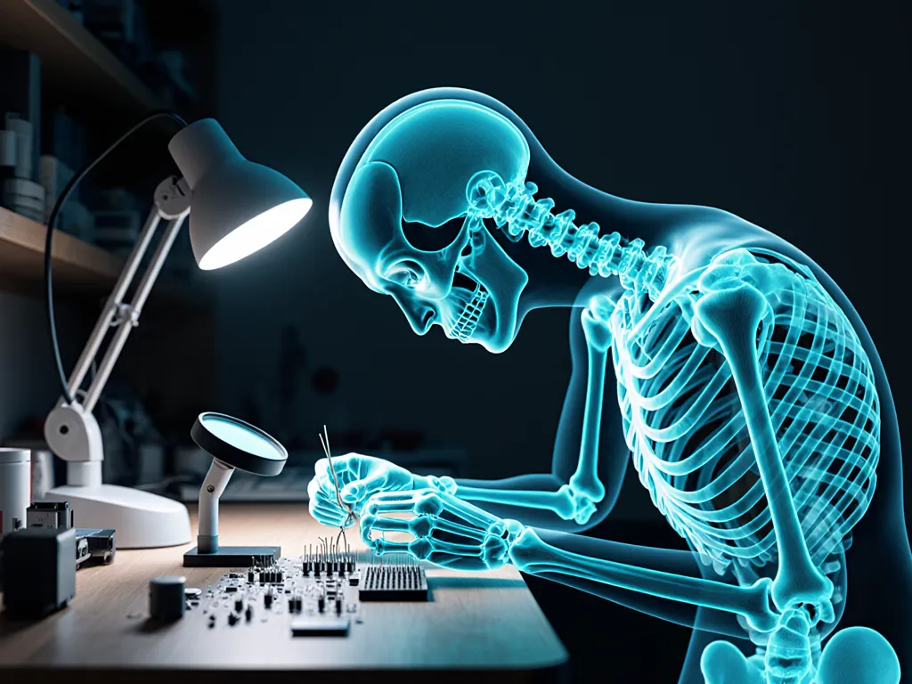 Teal anatomical x-ray of a worker in the method’s real scenario, with assessed regions marked