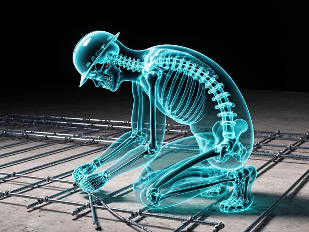 Teal anatomical x-ray of a worker in the method’s real scenario, with assessed regions marked