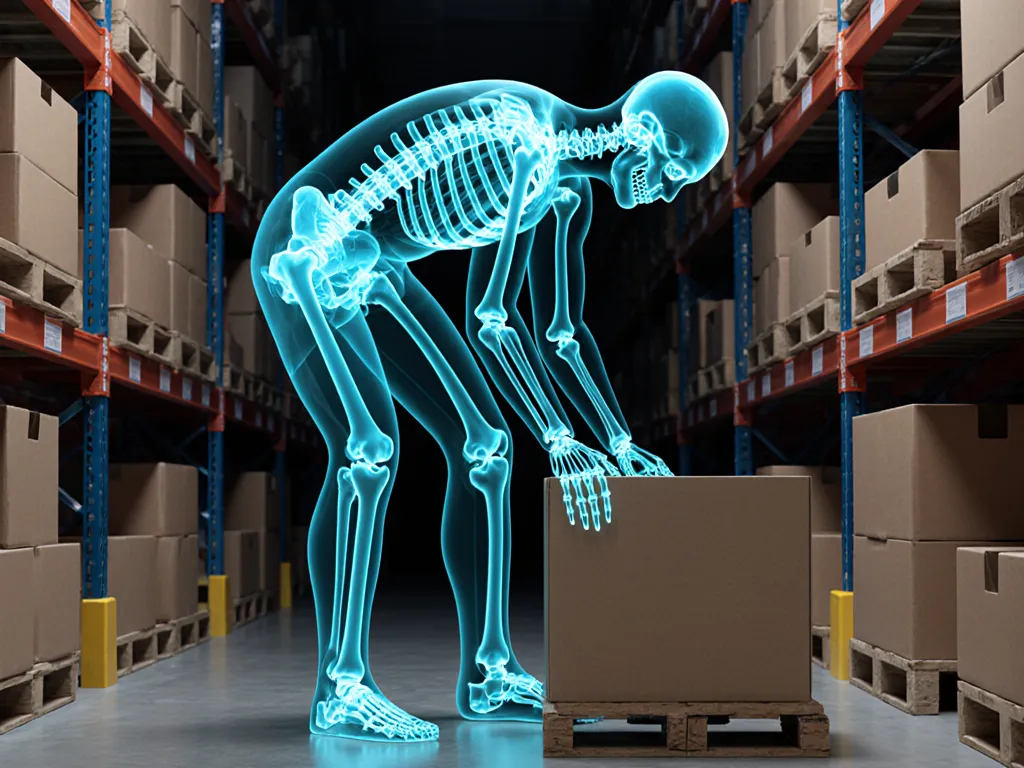 Teal anatomical x-ray of a worker in the method’s real scenario, with assessed regions marked