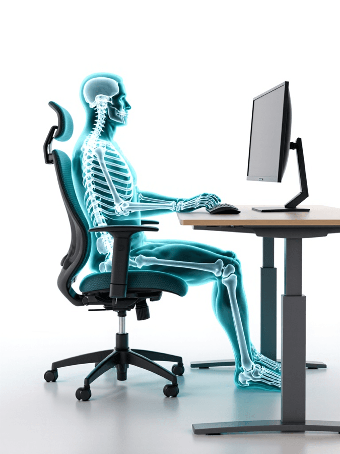 Teal anatomical side-profile of a seated worker at a desk, with the neck, upper-arm and wrist regions RULA scores marked