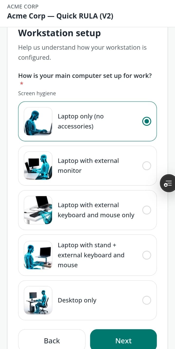 Ergocure worker assessment — Camera-free · text survey