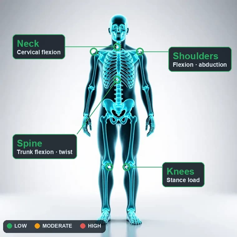 Full-body musculoskeletal view with joint measurement markers