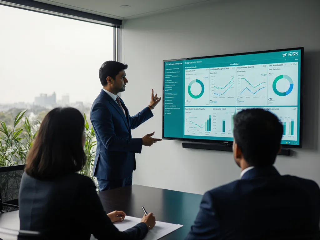 An ESG executive presenting a sustainability dashboard to colleagues