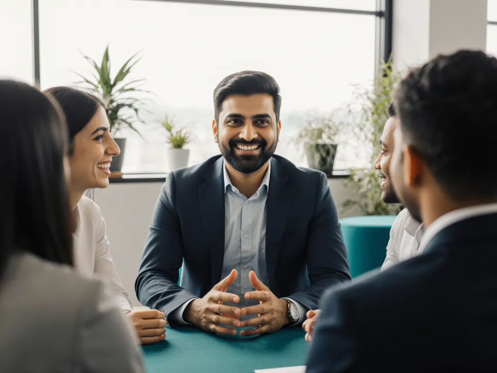 An HR manager talking with a group of employees